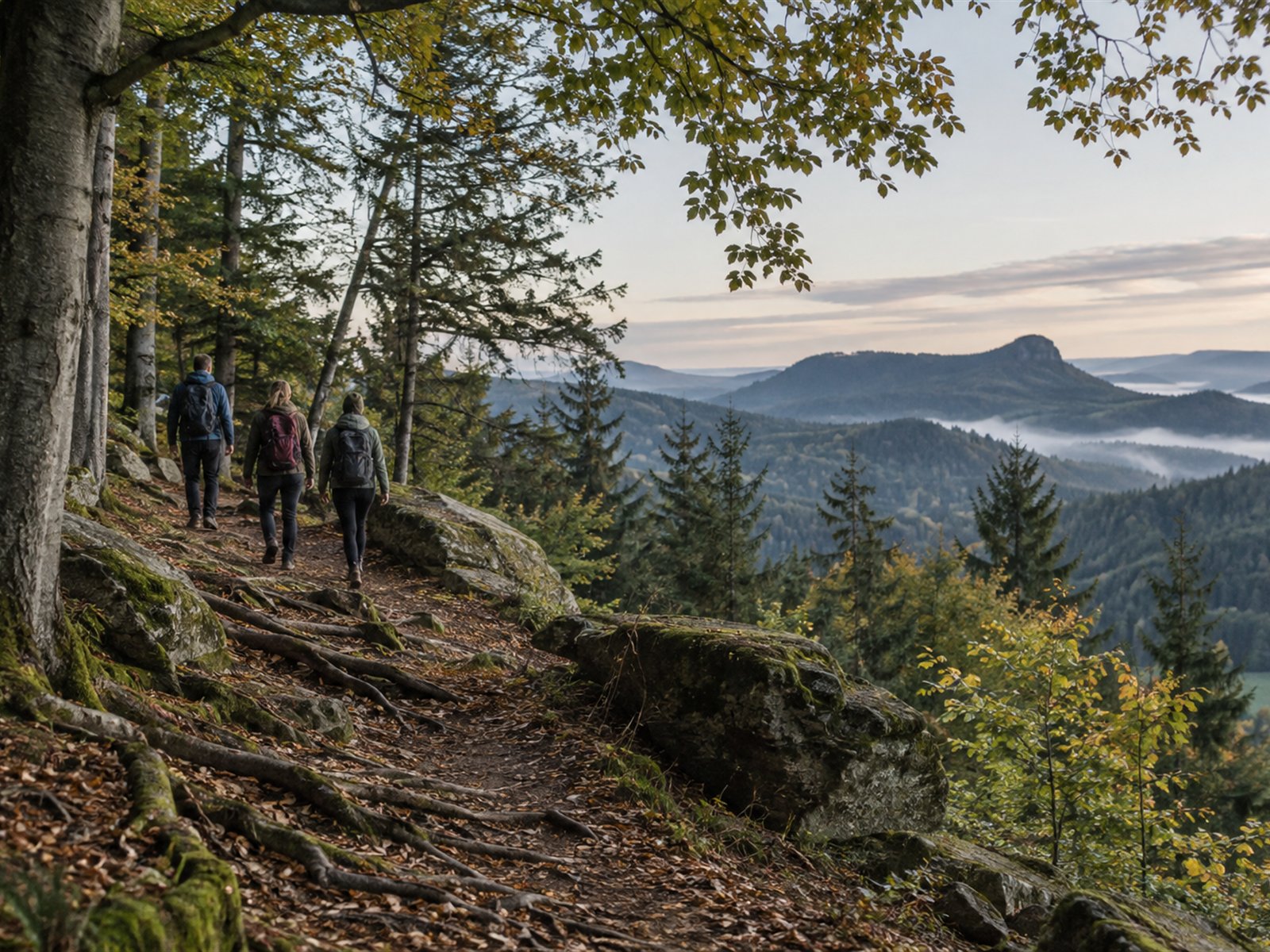 Wandernde auf einem bewaldeten Höhenweg