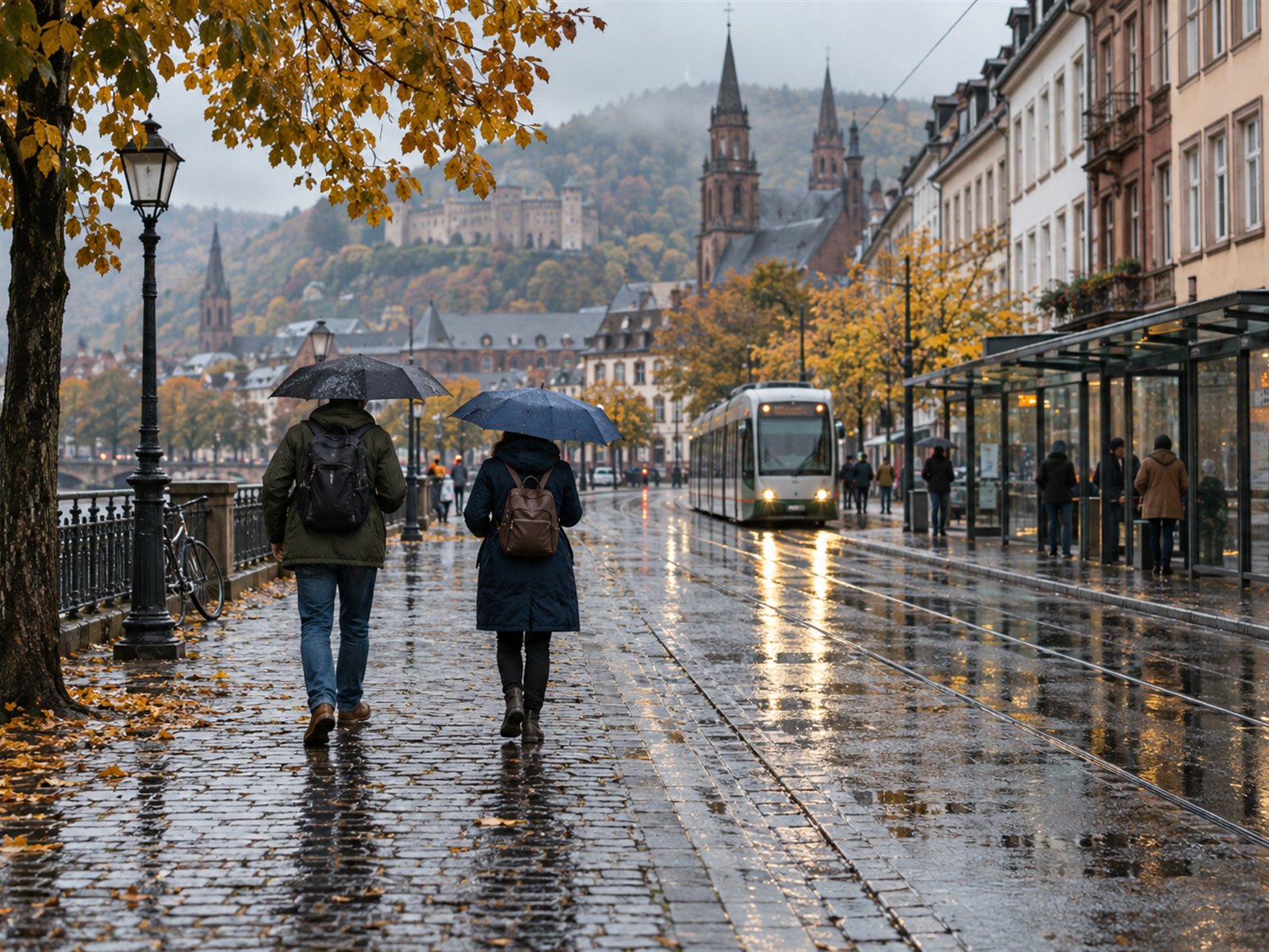Regnerische herbstliche Straße in einer deutschen Stadt