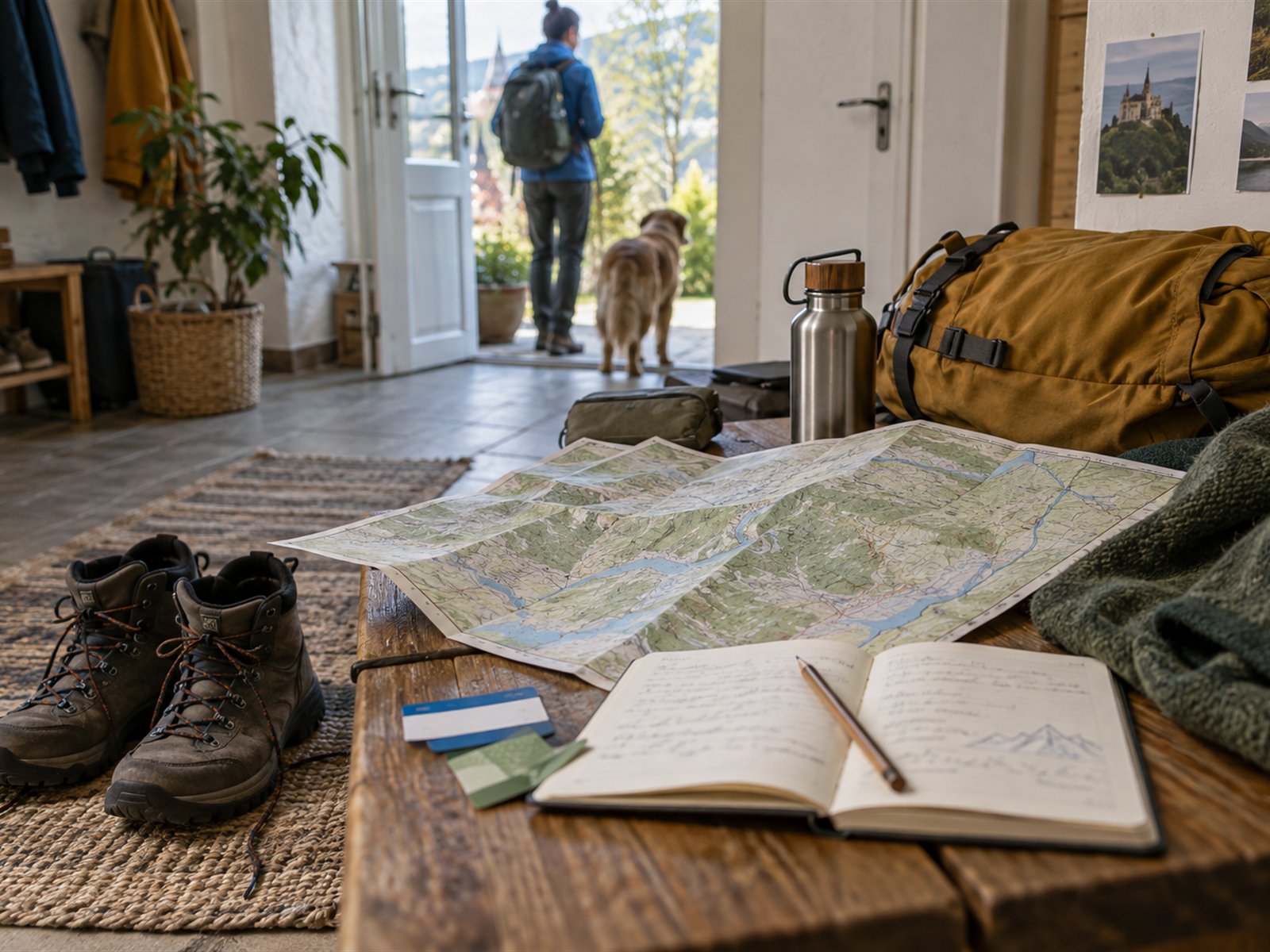 Praktische Reiseplanung mit Karte, Notizbuch und Wanderschuhen